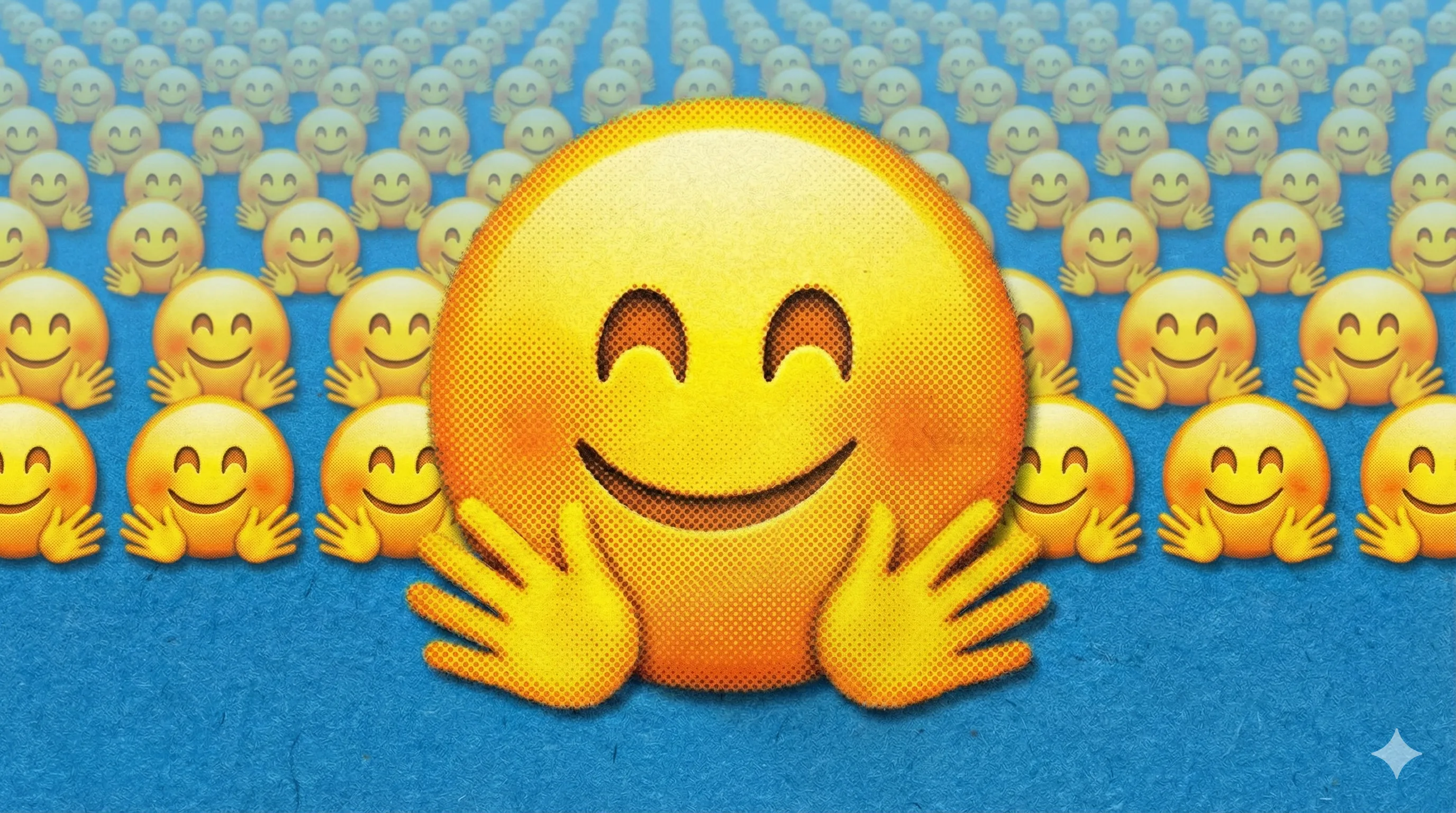 Illustration of a sea of hugging face emojis