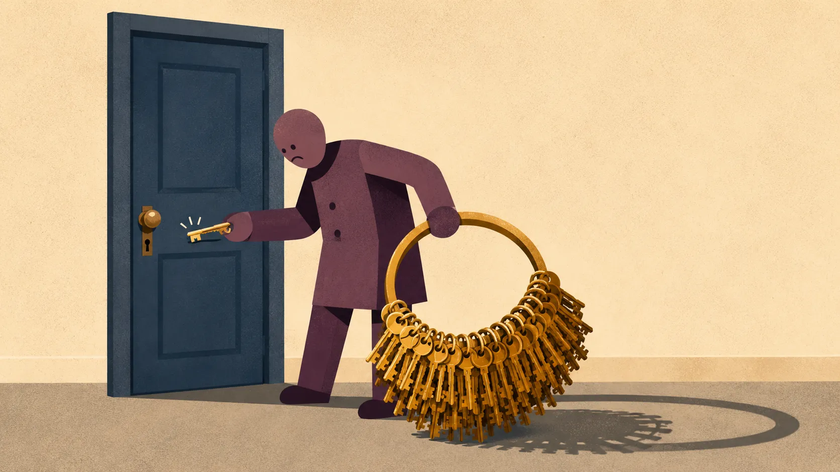 Illustration of someone trying to open a locked door. They have a keyring with over a hundred keys
