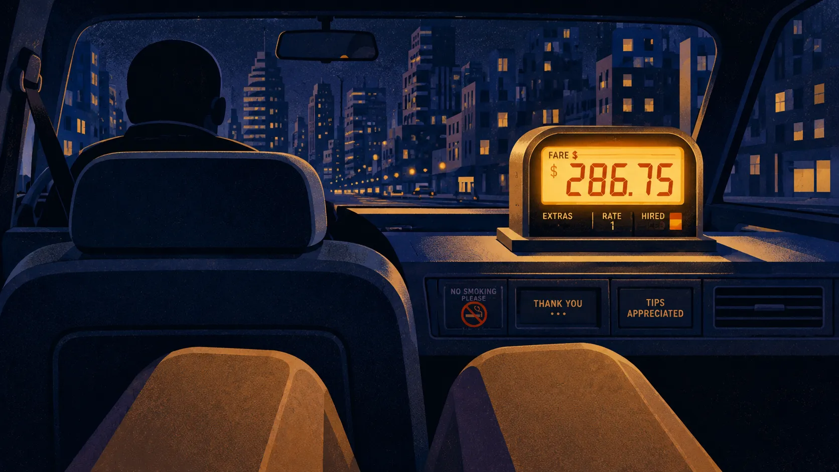 Illustration a taxi meter running up a huge fare